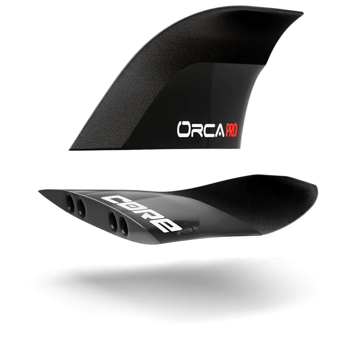 CORE Orca Pro fin and base view on white background — carbon heelside kiteboard fin set
